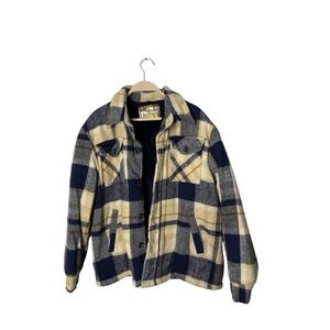 Vintage Mens Jacket Montgomery Ward Tan Navy Flannel Plaid Sherpa Fur Lined